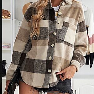 OVERSIZED FLANNEL PLAID SHIRT JACKET BUTTON DOWN SHACKET MEDIUM-TAN